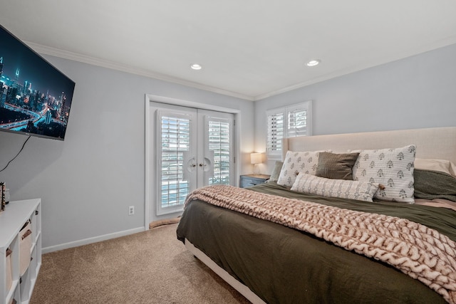 bedroom featuring access to exterior, ornamental molding, french doors, and carpet