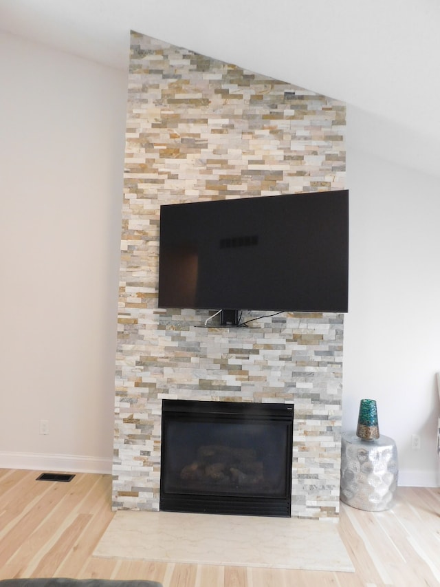 details featuring a fireplace and wood-type flooring