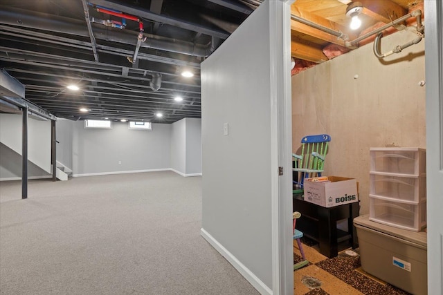 basement with carpet flooring