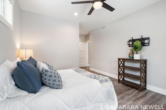 bedroom featuring hardwood / wood-style flooring and ceiling fan