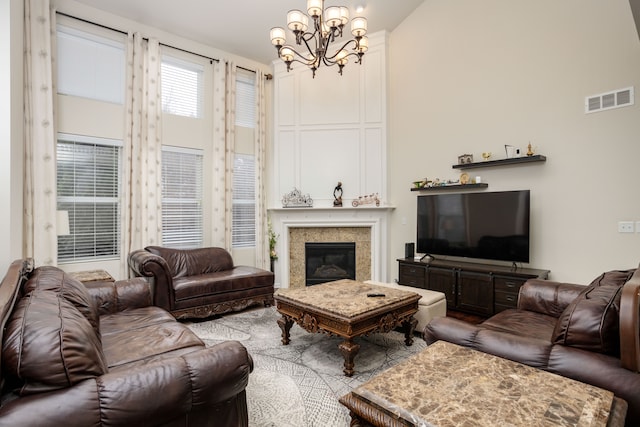 living room with a chandelier