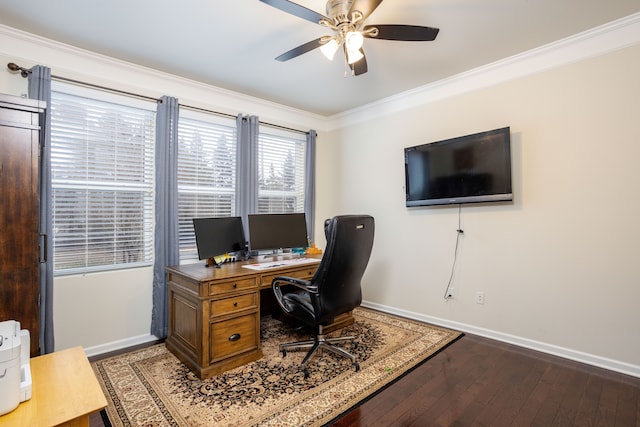 home office featuring ceiling fan, ornamental molding, and wood-type flooring