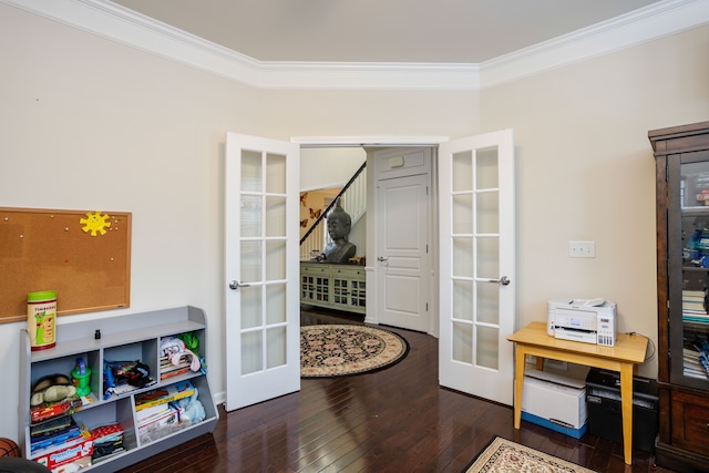 interior space featuring french doors, ornamental molding, and dark wood-type flooring