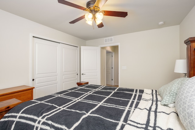 bedroom featuring ceiling fan and a closet