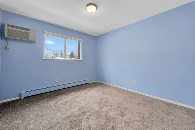 empty room featuring carpet, a baseboard heating unit, and a wall mounted air conditioner