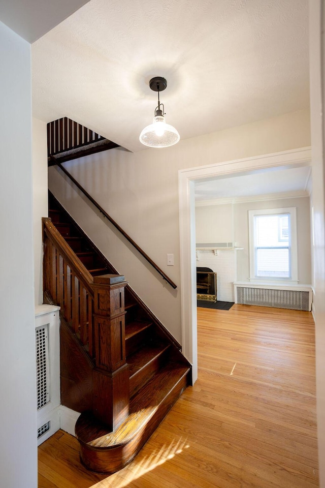 staircase featuring hardwood / wood-style flooring and radiator heating unit