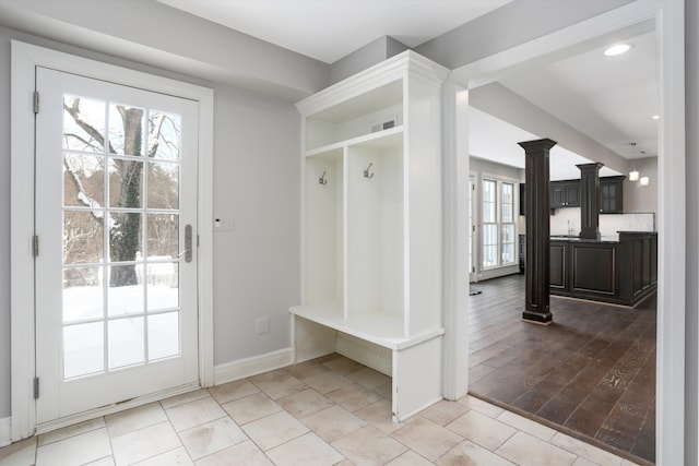 31265 Woodside Dr, Franklin, MI 48025 - mudroom with baseboards, decorative columns, recessed lighting, and visible vents