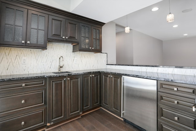 31265 Woodside Dr, Franklin, MI 48025 - kitchen featuring stainless steel fridge, a sink, dark wood-type flooring, and dark brown cabinets