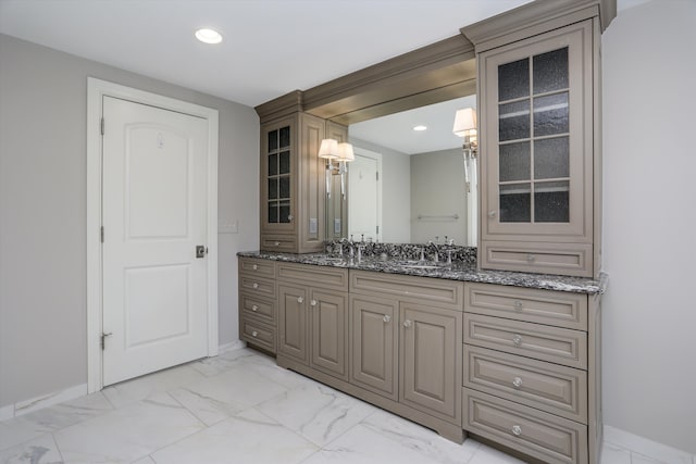 31265 Woodside Dr, Franklin, MI 48025 - bathroom with recessed lighting, baseboards, marble finish floor, and vanity