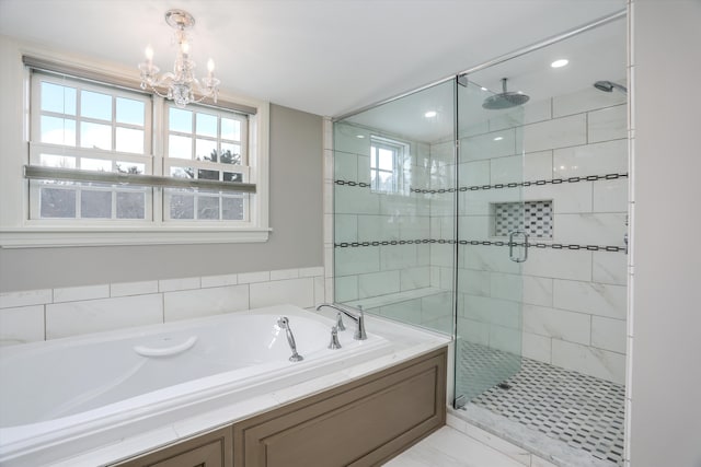 31265 Woodside Dr, Franklin, MI 48025 - bathroom featuring an inviting chandelier, a garden tub, and a stall shower