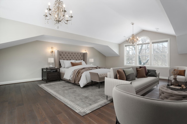 31265 Woodside Dr, Franklin, MI 48025 - bedroom with an inviting chandelier, baseboards, dark wood-type flooring, and lofted ceiling
