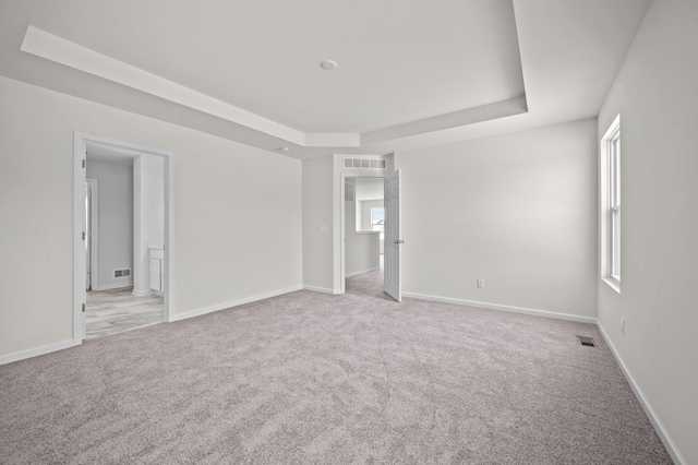 unfurnished room featuring light colored carpet, a healthy amount of sunlight, and a raised ceiling