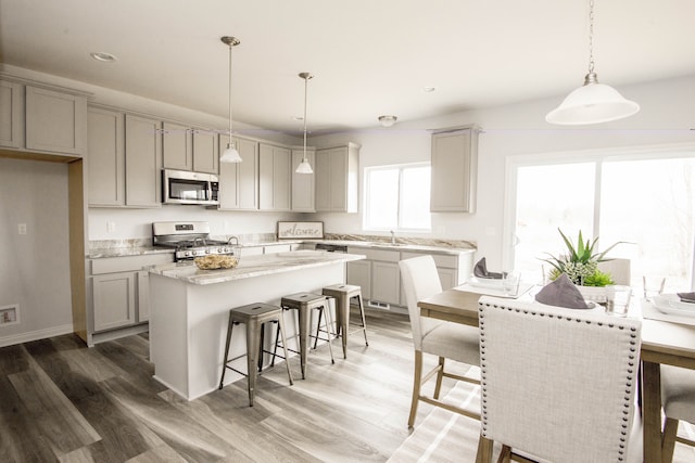 kitchen with stainless steel appliances, light wood-style floors, a kitchen breakfast bar, gray cabinets, and a center island