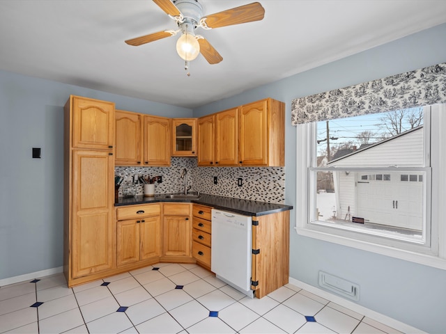 kitchen featuring ceiling fan, dishwasher, sink, and decorative backsplash