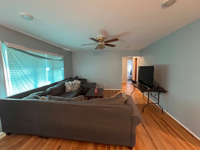 living room with light hardwood / wood-style floors and ceiling fan