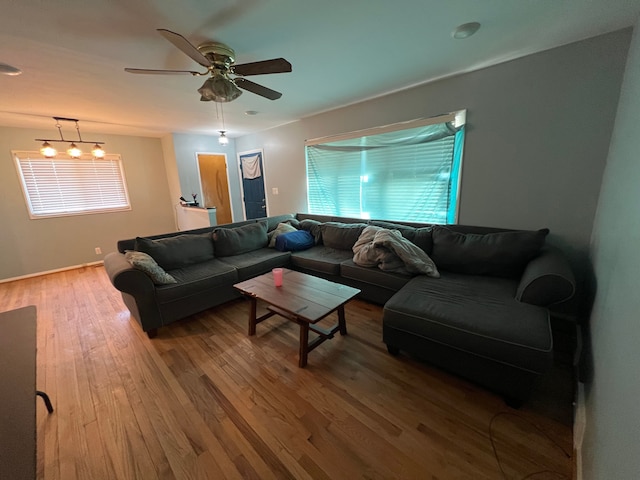 living room with wood-type flooring and ceiling fan