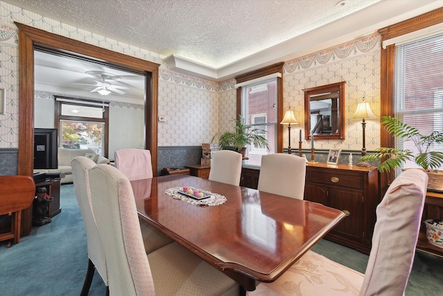 dining space with carpet and a textured ceiling