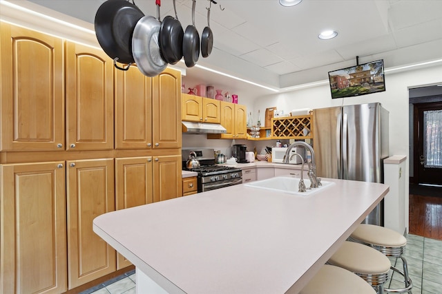 kitchen with sink, a breakfast bar area, light tile patterned floors, stainless steel appliances, and a kitchen island with sink