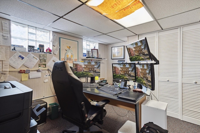 office area with a wealth of natural light, carpet, and a paneled ceiling