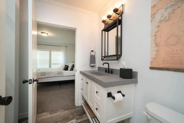 bathroom featuring crown molding, wood-type flooring, vanity, and toilet