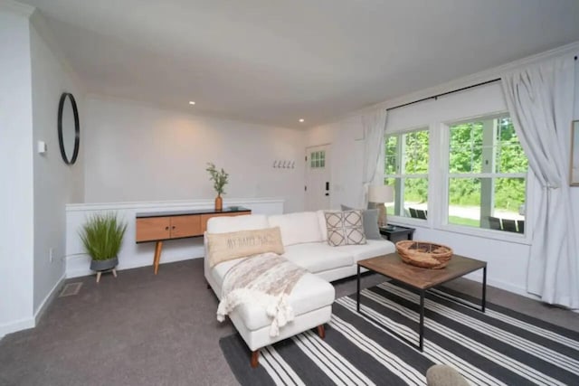 living room featuring dark colored carpet