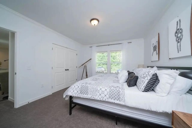 carpeted bedroom featuring crown molding and a closet