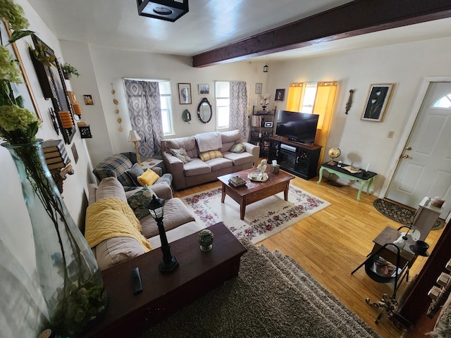 living room featuring wood-type flooring and beamed ceiling