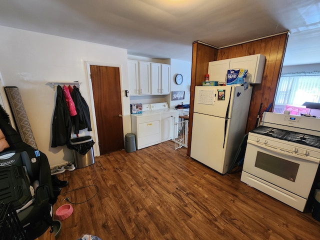 kitchen featuring white cabinetry, white appliances, independent washer and dryer, and dark hardwood / wood-style flooring