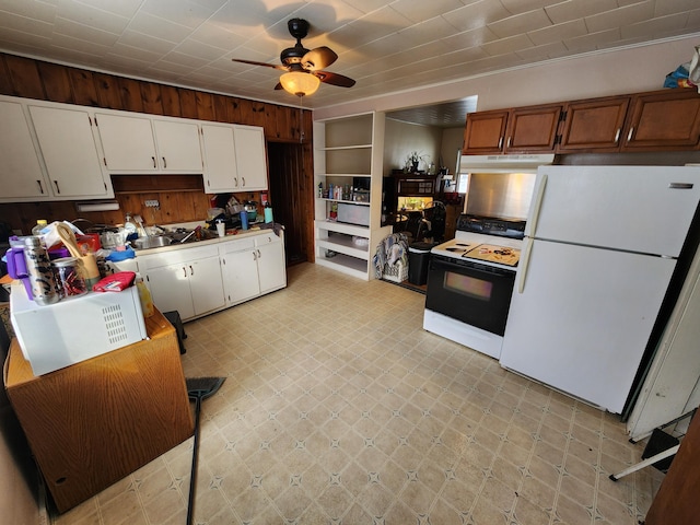 kitchen with ceiling fan, electric range, white cabinets, and white fridge