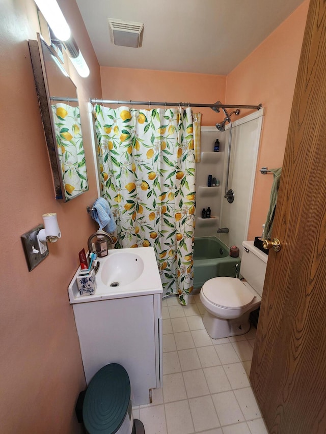 full bathroom with vanity, shower / bathtub combination with curtain, tile patterned floors, and toilet