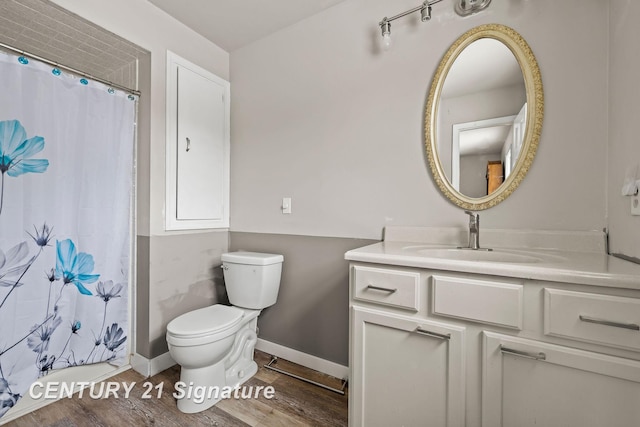 bathroom with vanity, a shower with curtain, toilet, and hardwood / wood-style flooring