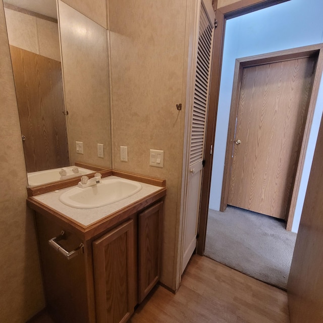 bathroom with vanity and hardwood / wood-style floors