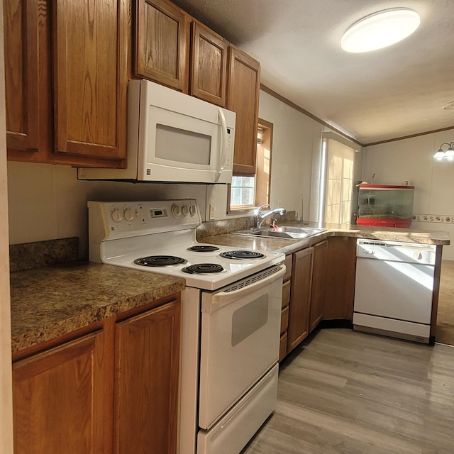 kitchen with white appliances, sink, and light hardwood / wood-style flooring