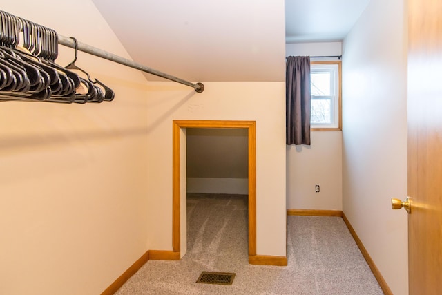 walk in closet with light colored carpet