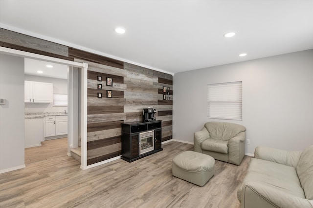 living room featuring wooden walls and light hardwood / wood-style flooring