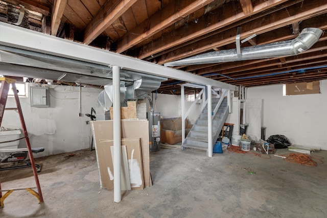 basement with electric panel and water heater