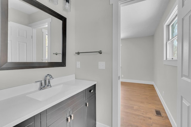 bathroom with vanity and wood-type flooring