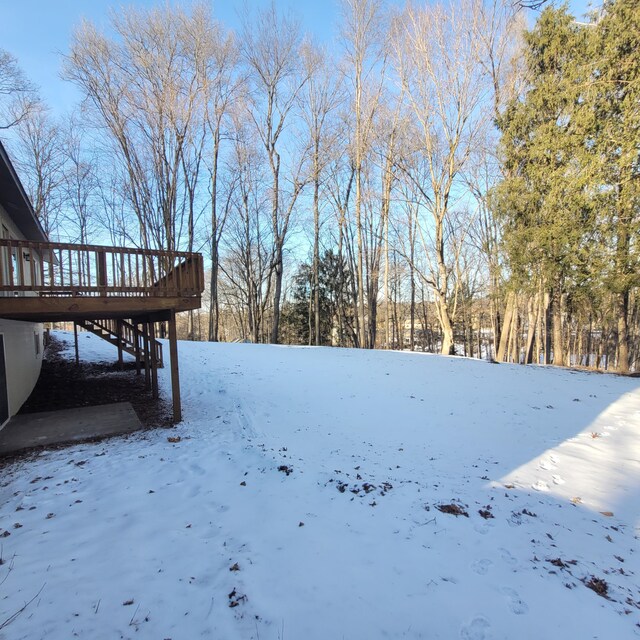 yard covered in snow with a deck