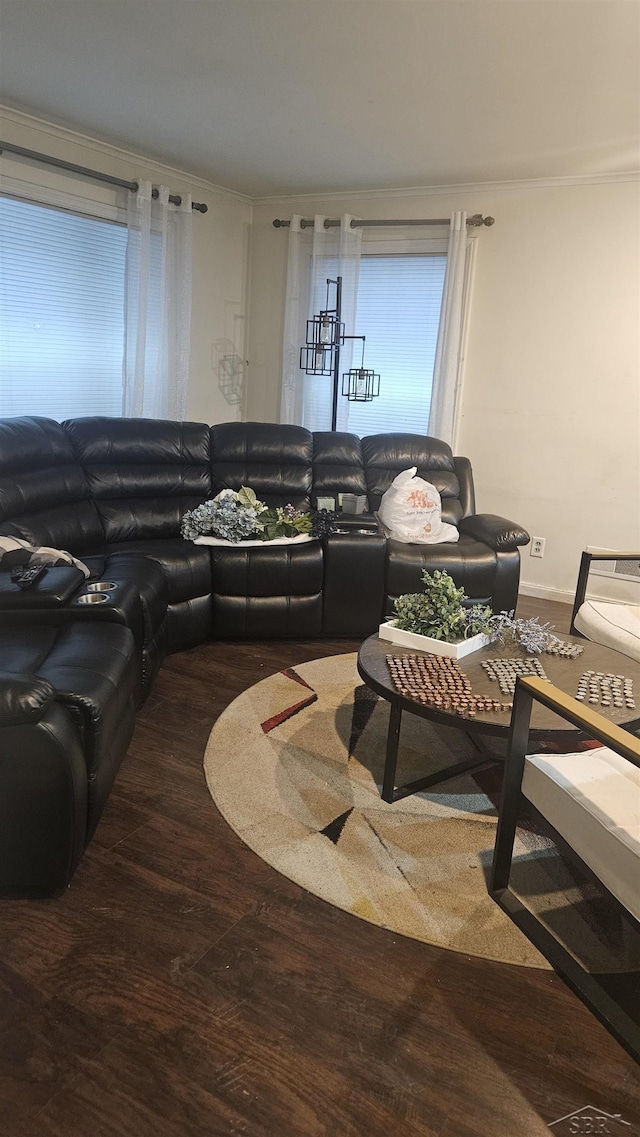 living area with ornamental molding and wood finished floors