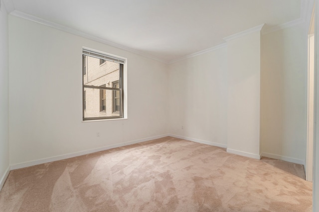 empty room with crown molding and light carpet