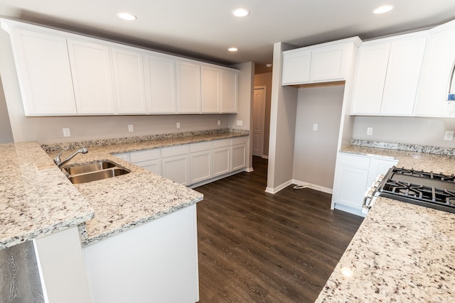 kitchen featuring dark hardwood / wood-style flooring, sink, light stone countertops, and white cabinets