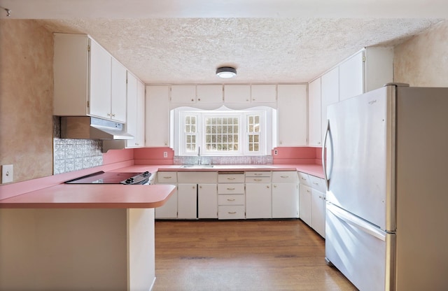 kitchen with sink, white cabinetry, light hardwood / wood-style flooring, fridge, and black electric stovetop