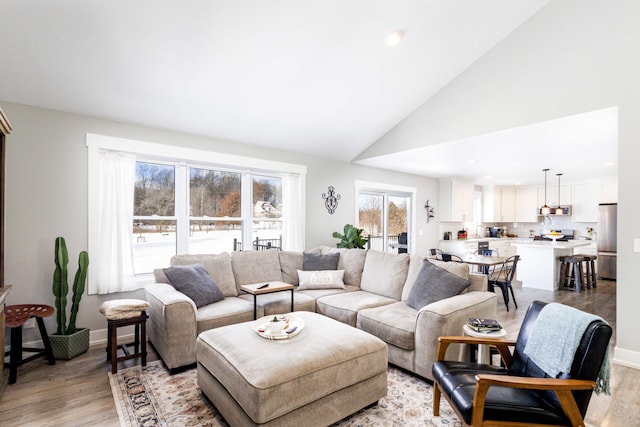 living room with high vaulted ceiling, a healthy amount of sunlight, and light wood-type flooring