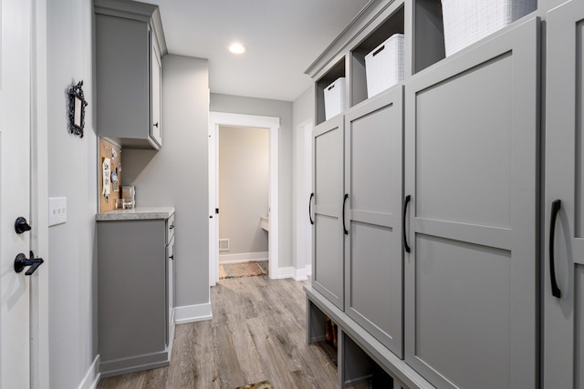 mudroom with light hardwood / wood-style floors