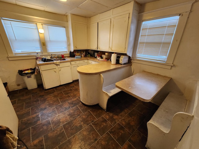 kitchen with sink, white cabinets, and kitchen peninsula