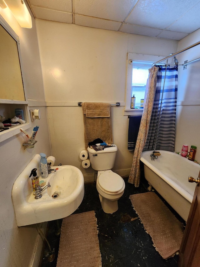 full bathroom with toilet, sink, shower / bath combo with shower curtain, and a drop ceiling