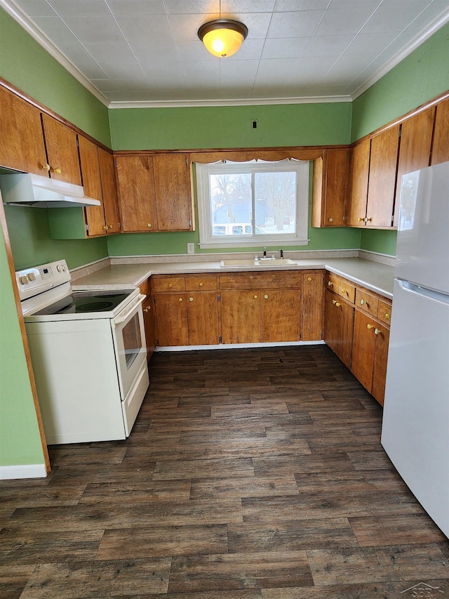 kitchen with ornamental molding, dark hardwood / wood-style flooring, sink, and white appliances