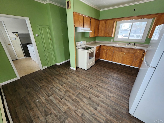 kitchen with crown molding, sink, white appliances, and dark wood-type flooring