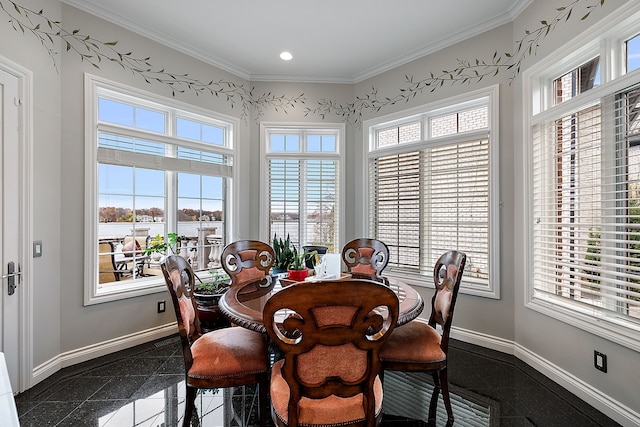 dining area featuring recessed lighting, granite finish floor, baseboards, and ornamental molding