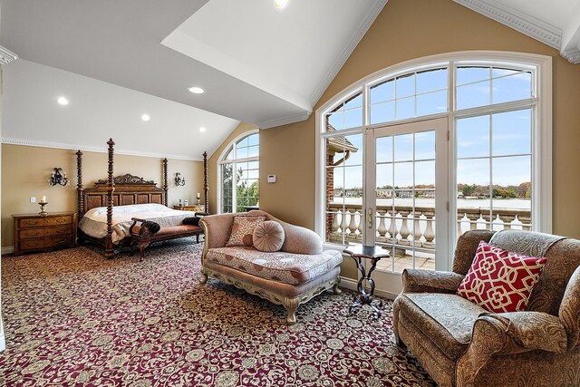 bedroom featuring access to exterior, ornamental molding, high vaulted ceiling, and a water view